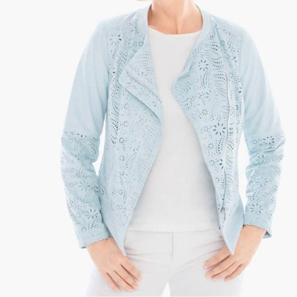Chicos Faux Suede Perforated Zip
Moto Jacket in Baby Blue Pastel Size 1